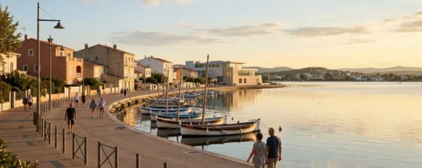 Vue panoramique de la promenade du bord de l'étang de Thau à Balaruc-les-Bains en lumière dorée de fin d'après-midi, avec l'établissement thermal en arrière-plan et des bateaux de pêche traditionnels amarrés