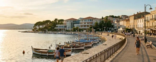 Vue panoramique de la promenade du bord de l'étang de Thau à Balaruc-les-Bains en lumière dorée de fin d'après-midi, avec l'établissement thermal en arrière-plan et des bateaux de pêche traditionnels amarrés