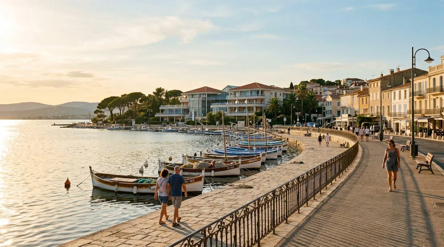 Vue panoramique de la promenade du bord de l'étang de Thau à Balaruc-les-Bains en lumière dorée de fin d'après-midi, avec l'établissement thermal en arrière-plan et des bateaux de pêche traditionnels amarrés