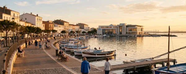 Vue panoramique de la promenade du bord de l'étang de Thau à Balaruc-les-Bains en lumière dorée de fin d'après-midi, avec l'établissement thermal en arrière-plan et des bateaux de pêche traditionnels amarrés