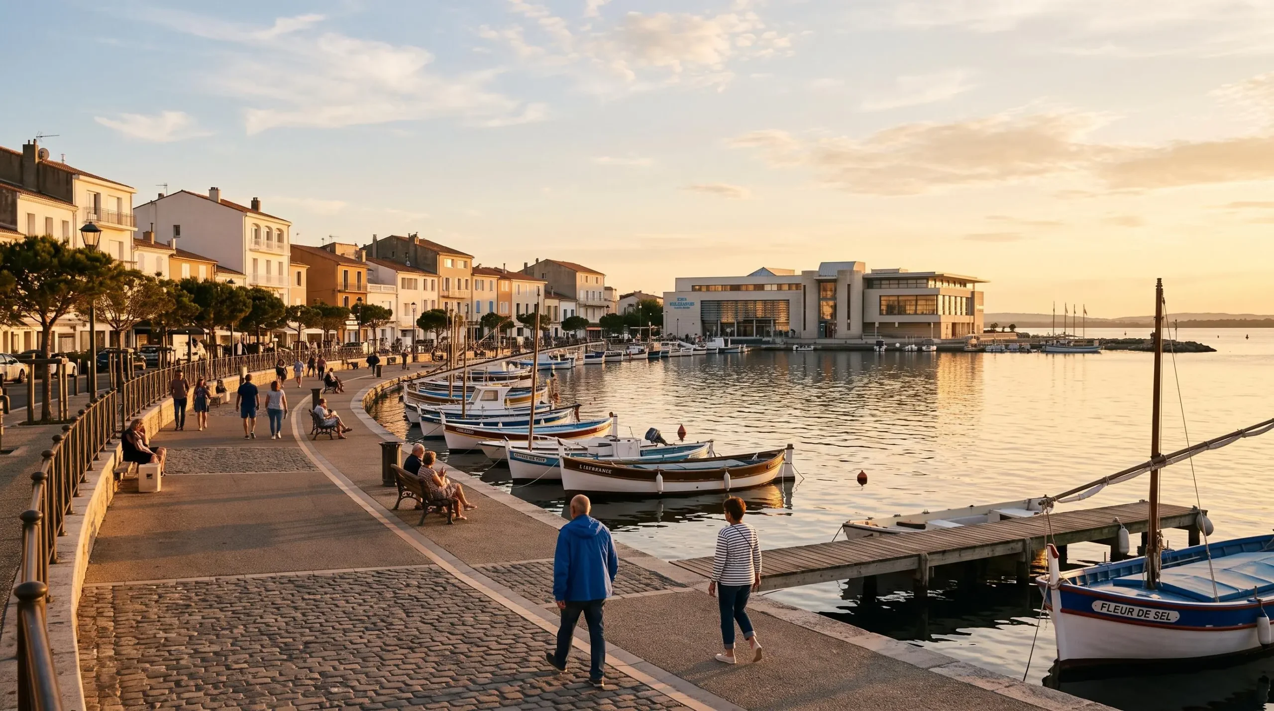 Vue panoramique de la promenade du bord de l'étang de Thau à Balaruc-les-Bains en lumière dorée de fin d'après-midi, avec l'établissement thermal en arrière-plan et des bateaux de pêche traditionnels amarrés
