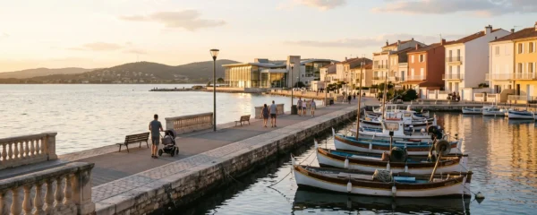 Vue panoramique de la promenade du bord de l'étang de Thau à Balaruc-les-Bains en lumière dorée de fin d'après-midi, avec l'établissement thermal en arrière-plan et des bateaux de pêche traditionnels amarrés