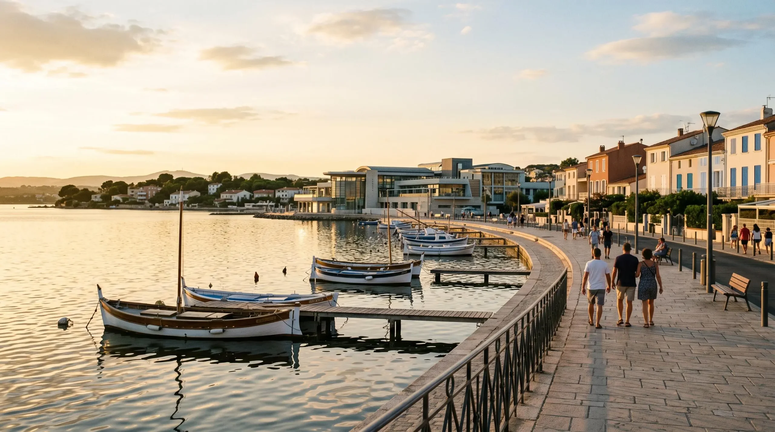 Vue panoramique de la promenade du bord de l'étang de Thau à Balaruc-les-Bains en lumière dorée de fin d'après-midi, avec l'établissement thermal en arrière-plan et des bateaux de pêche traditionnels amarrés
