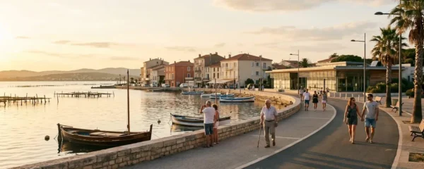 Vue panoramique de la promenade du bord de l'étang de Thau à Balaruc-les-Bains en lumière dorée de fin d'après-midi, avec l'établissement thermal en arrière-plan et des bateaux de pêche traditionnels amarrés
