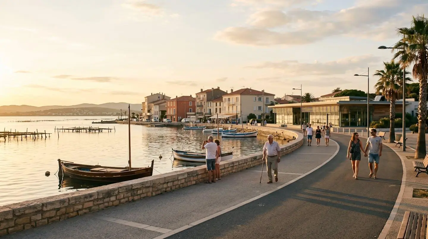 Vue panoramique de la promenade du bord de l'étang de Thau à Balaruc-les-Bains en lumière dorée de fin d'après-midi, avec l'établissement thermal en arrière-plan et des bateaux de pêche traditionnels amarrés
