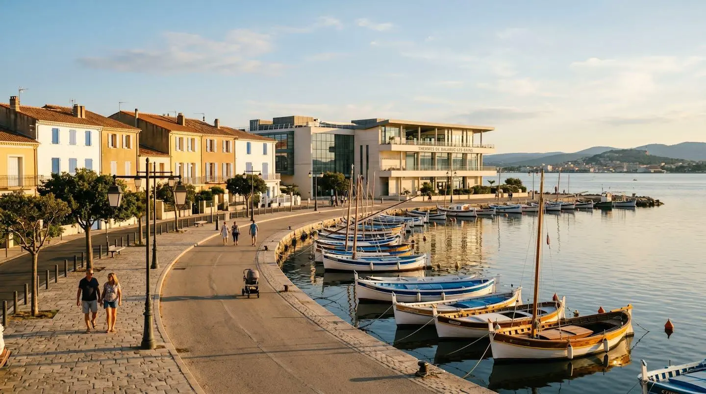Vue panoramique de la promenade du bord de l'étang de Thau à Balaruc-les-Bains en lumière dorée de fin d'après-midi, avec l'établissement thermal en arrière-plan et des bateaux de pêche traditionnels amarrés