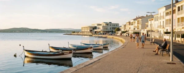 Vue panoramique de la promenade du bord de l'étang de Thau à Balaruc-les-Bains en lumière dorée de fin d'après-midi, avec l'établissement thermal en arrière-plan et des bateaux de pêche traditionnels amarrés