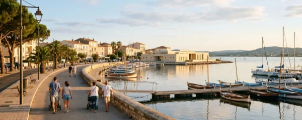 Vue panoramique de la promenade du bord de l'étang de Thau à Balaruc-les-Bains en lumière dorée de fin d'après-midi, avec l'établissement thermal en arrière-plan et des bateaux de pêche traditionnels amarrés