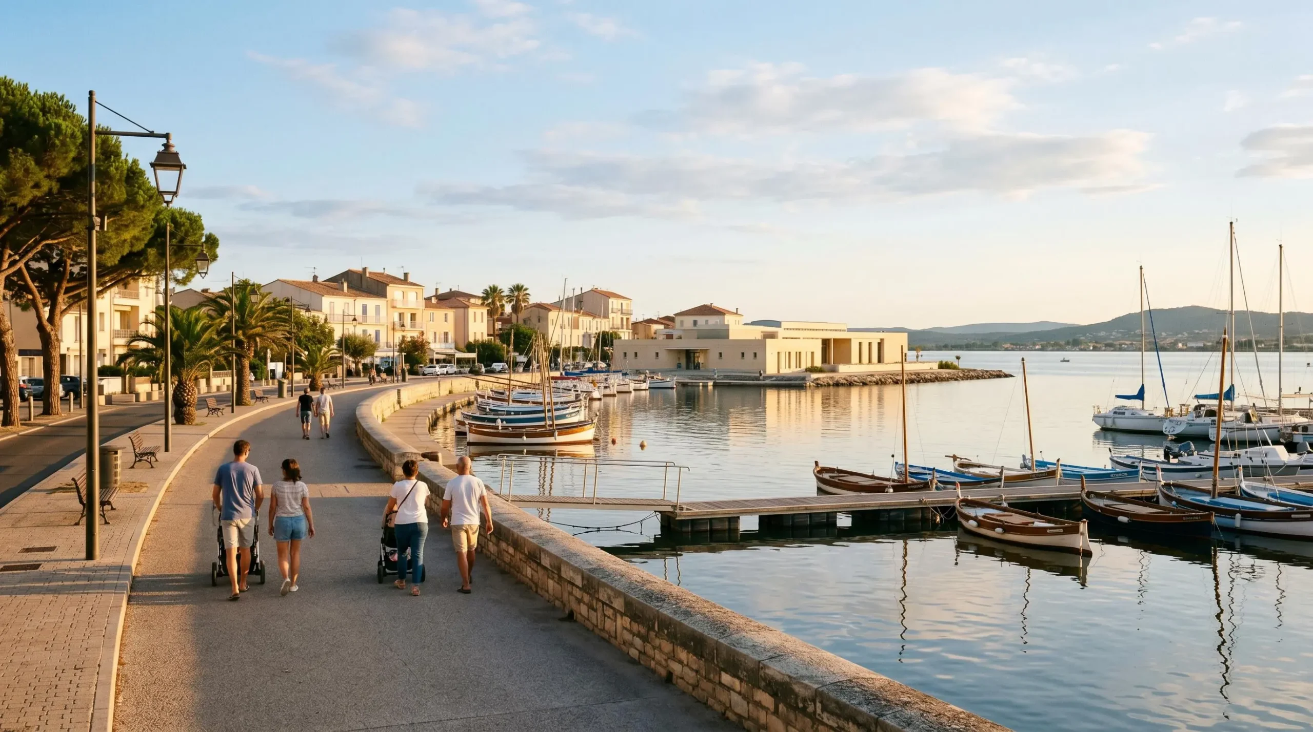 Vue panoramique de la promenade du bord de l'étang de Thau à Balaruc-les-Bains en lumière dorée de fin d'après-midi, avec l'établissement thermal en arrière-plan et des bateaux de pêche traditionnels amarrés