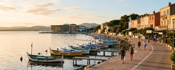 Vue panoramique de la promenade du bord de l'étang de Thau à Balaruc-les-Bains en lumière dorée de fin d'après-midi, avec l'établissement thermal en arrière-plan et des bateaux de pêche traditionnels amarrés