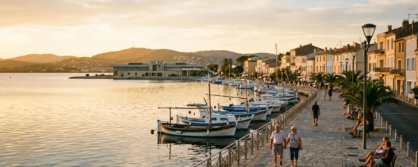 Vue panoramique de la promenade du bord de l'étang de Thau à Balaruc-les-Bains en lumière dorée de fin d'après-midi, avec l'établissement thermal en arrière-plan et des bateaux de pêche traditionnels amarrés