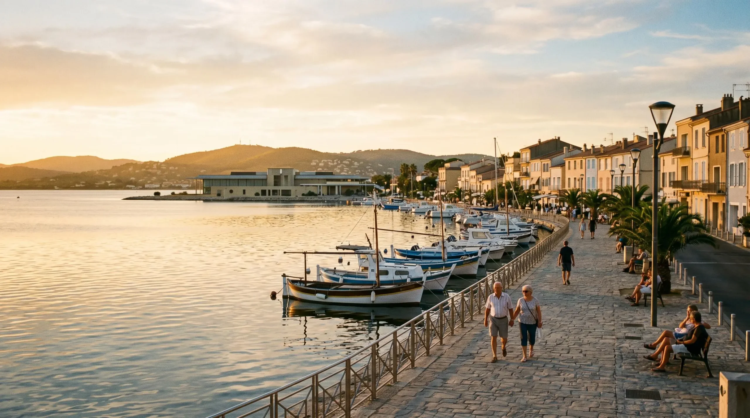 Vue panoramique de la promenade du bord de l'étang de Thau à Balaruc-les-Bains en lumière dorée de fin d'après-midi, avec l'établissement thermal en arrière-plan et des bateaux de pêche traditionnels amarrés