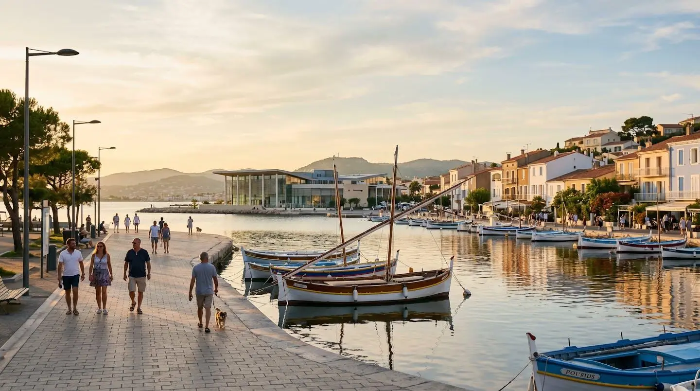 Vue panoramique de la promenade du bord de l'étang de Thau à Balaruc-les-Bains en lumière dorée de fin d'après-midi, avec l'établissement thermal en arrière-plan et des bateaux de pêche traditionnels amarrés