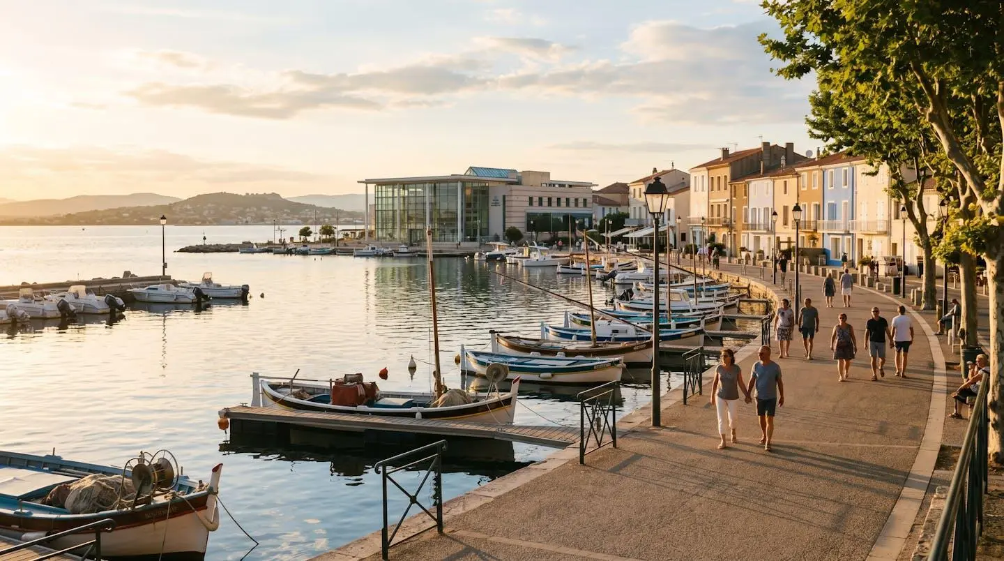 Vue panoramique de la promenade du bord de l'étang de Thau à Balaruc-les-Bains en lumière dorée de fin d'après-midi, avec l'établissement thermal en arrière-plan et des bateaux de pêche traditionnels amarrés