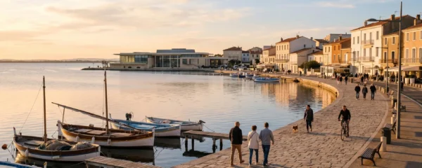 Vue panoramique de la promenade du bord de l'étang de Thau à Balaruc-les-Bains en lumière dorée de fin d'après-midi, avec l'établissement thermal en arrière-plan et des bateaux de pêche traditionnels amarrés