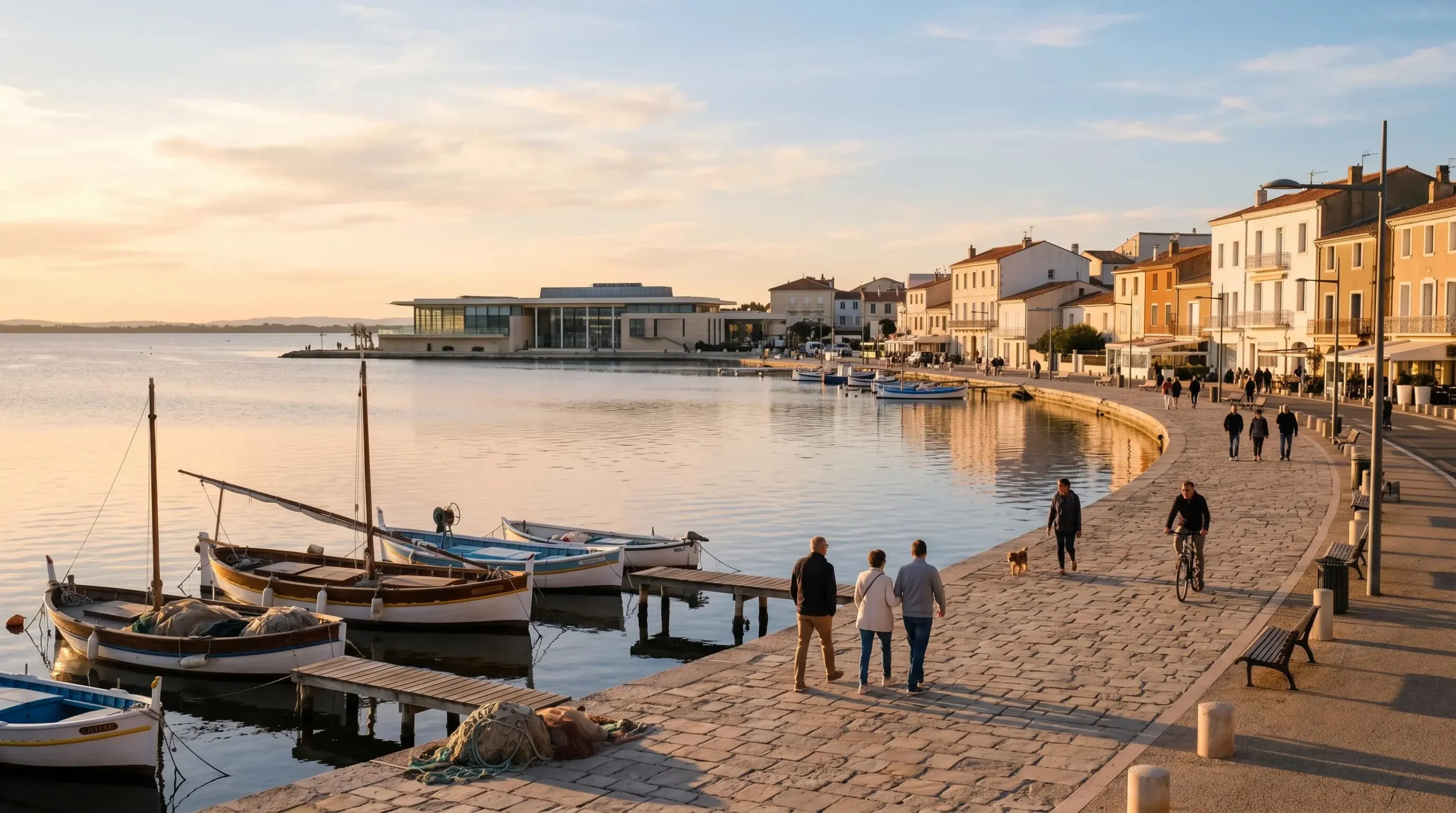 Vue panoramique de la promenade du bord de l'étang de Thau à Balaruc-les-Bains en lumière dorée de fin d'après-midi, avec l'établissement thermal en arrière-plan et des bateaux de pêche traditionnels amarrés