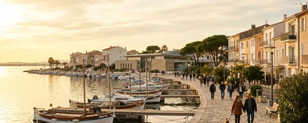 Vue panoramique de la promenade du bord de l'étang de Thau à Balaruc-les-Bains en lumière dorée de fin d'après-midi, avec l'établissement thermal en arrière-plan et des bateaux de pêche traditionnels amarrés