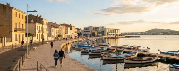 Vue panoramique de la promenade du bord de l'étang de Thau à Balaruc-les-Bains en lumière dorée de fin d'après-midi, avec l'établissement thermal en arrière-plan et des bateaux de pêche traditionnels amarrés