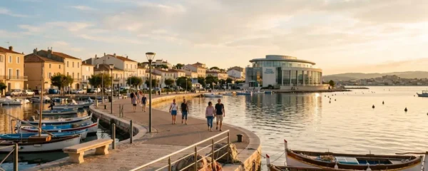 Vue panoramique de la promenade du bord de l'étang de Thau à Balaruc-les-Bains en lumière dorée de fin d'après-midi, avec l'établissement thermal en arrière-plan et des bateaux de pêche traditionnels amarrés