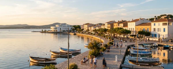Vue panoramique de la promenade du bord de l'étang de Thau à Balaruc-les-Bains en lumière dorée de fin d'après-midi, avec l'établissement thermal en arrière-plan et des bateaux de pêche traditionnels amarrés
