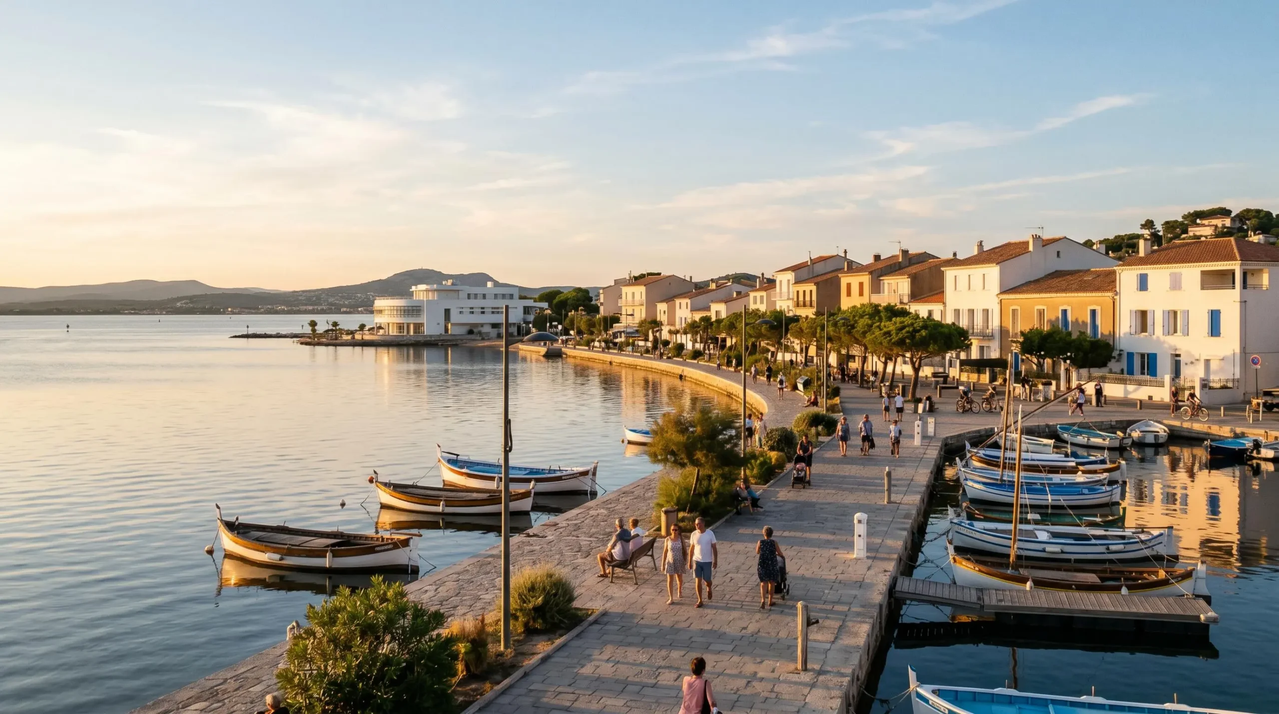 Vue panoramique de la promenade du bord de l'étang de Thau à Balaruc-les-Bains en lumière dorée de fin d'après-midi, avec l'établissement thermal en arrière-plan et des bateaux de pêche traditionnels amarrés