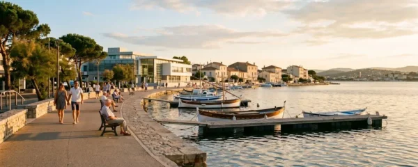 Vue panoramique de la promenade du bord de l'étang de Thau à Balaruc-les-Bains en lumière dorée de fin d'après-midi, avec l'établissement thermal en arrière-plan et des bateaux de pêche traditionnels amarrés