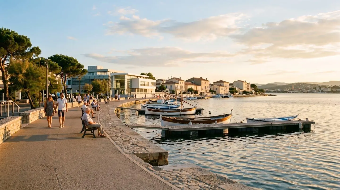 Vue panoramique de la promenade du bord de l'étang de Thau à Balaruc-les-Bains en lumière dorée de fin d'après-midi, avec l'établissement thermal en arrière-plan et des bateaux de pêche traditionnels amarrés
