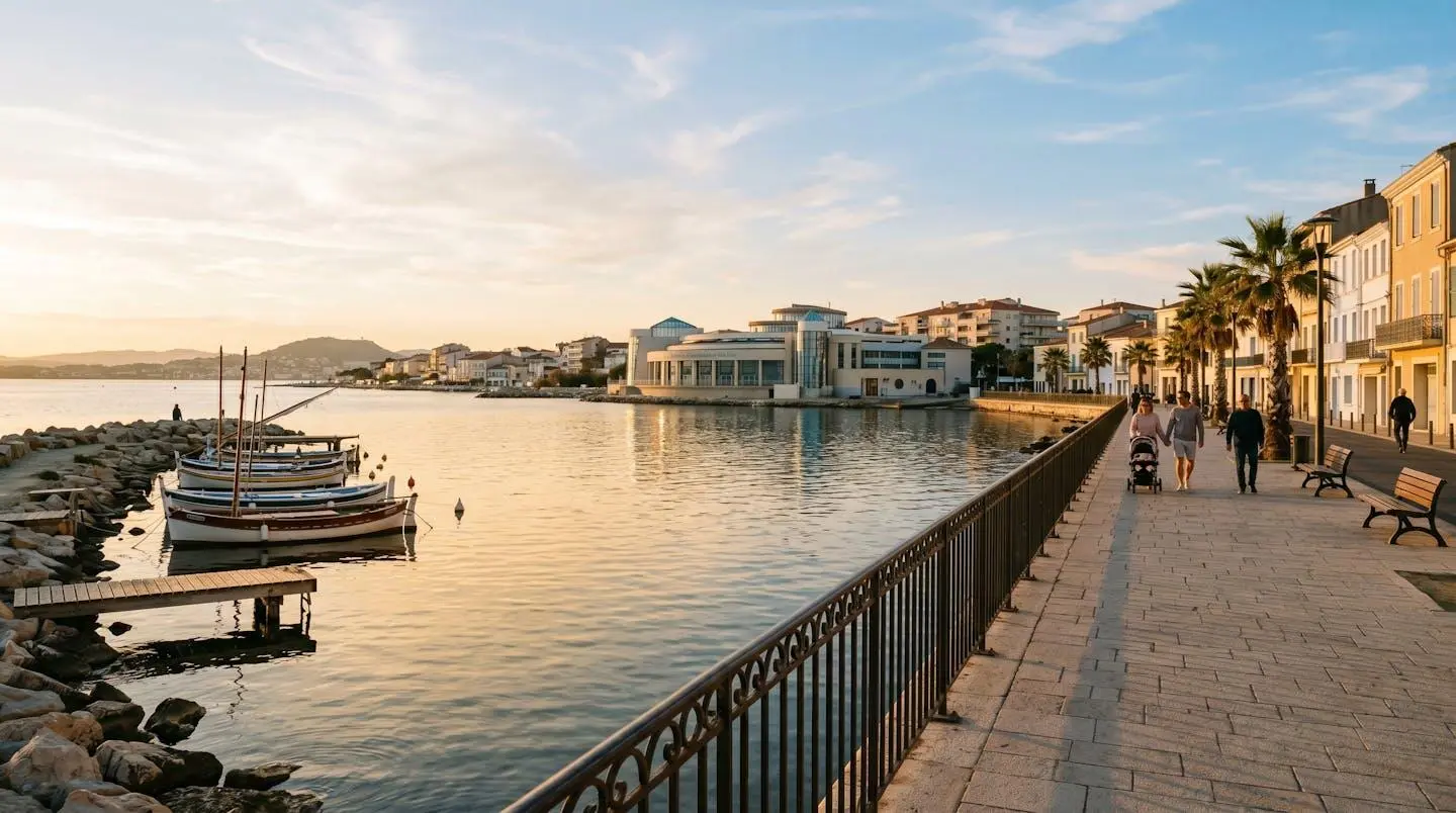 Vue panoramique de la promenade du bord de l'étang de Thau à Balaruc-les-Bains en lumière dorée de fin d'après-midi, avec l'établissement thermal en arrière-plan et des bateaux de pêche traditionnels amarrés