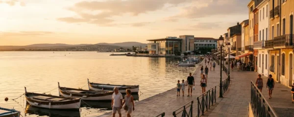 Vue panoramique de la promenade du bord de l'étang de Thau à Balaruc-les-Bains en lumière dorée de fin d'après-midi, avec l'établissement thermal en arrière-plan et des bateaux de pêche traditionnels amarrés