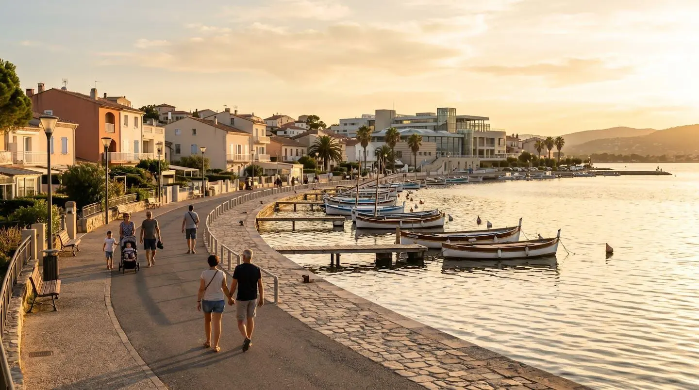 Vue panoramique de la promenade du bord de l'étang de Thau à Balaruc-les-Bains en lumière dorée de fin d'après-midi, avec l'établissement thermal en arrière-plan et des bateaux de pêche traditionnels amarrés